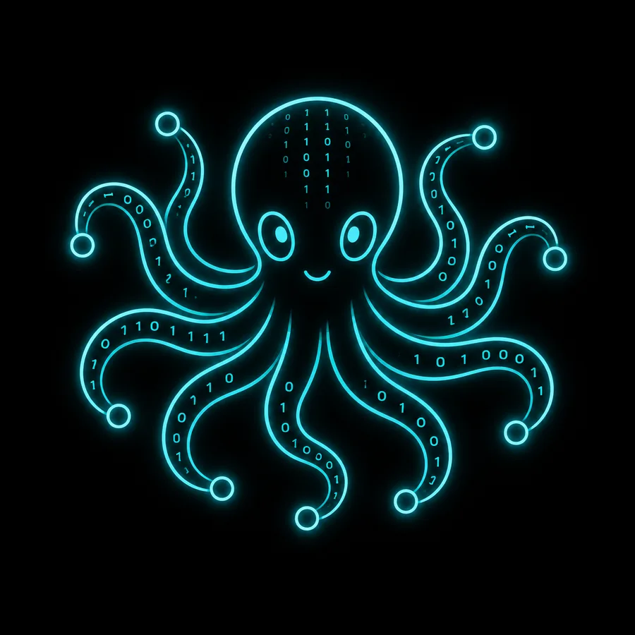 A friendly cyan outline octopus with binary digits and network nodes